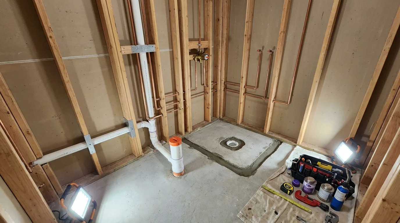 Bathroom rough-in plumbing during remodel by Johns Plumbing LLC in Arma
