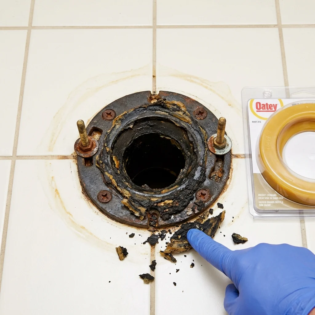 Failed wax ring showing water seepage at the base of a toilet in a Arma, KS home